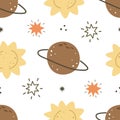 seamless pattern with cartoon planet, sun, star, decor elements. Colorful vector for kids. Space. hand drawing. Royalty Free Stock Photo